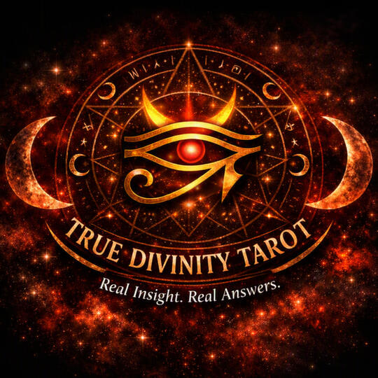 Here's The Secret Portal To My Google Business Page! Golden Eye of Horus surrounded by cosmic red nebula, crescent moons, tarot cards, and candles
